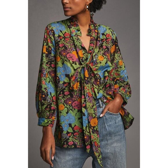 💕MILLE RESORT & TRAVEL ANTHROPOLOGIE💕 Blair Blouse ~ Tie Neck Green Motif XS - Picture 3 of 14